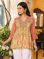 Thumbnail for Juniper Women Ikat Printed & Embroidered Green Cotton Voile Peplum Tunic - Distacart