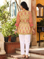 Thumbnail for Juniper Women Ikat Printed & Embroidered Green Cotton Voile Peplum Tunic - Distacart