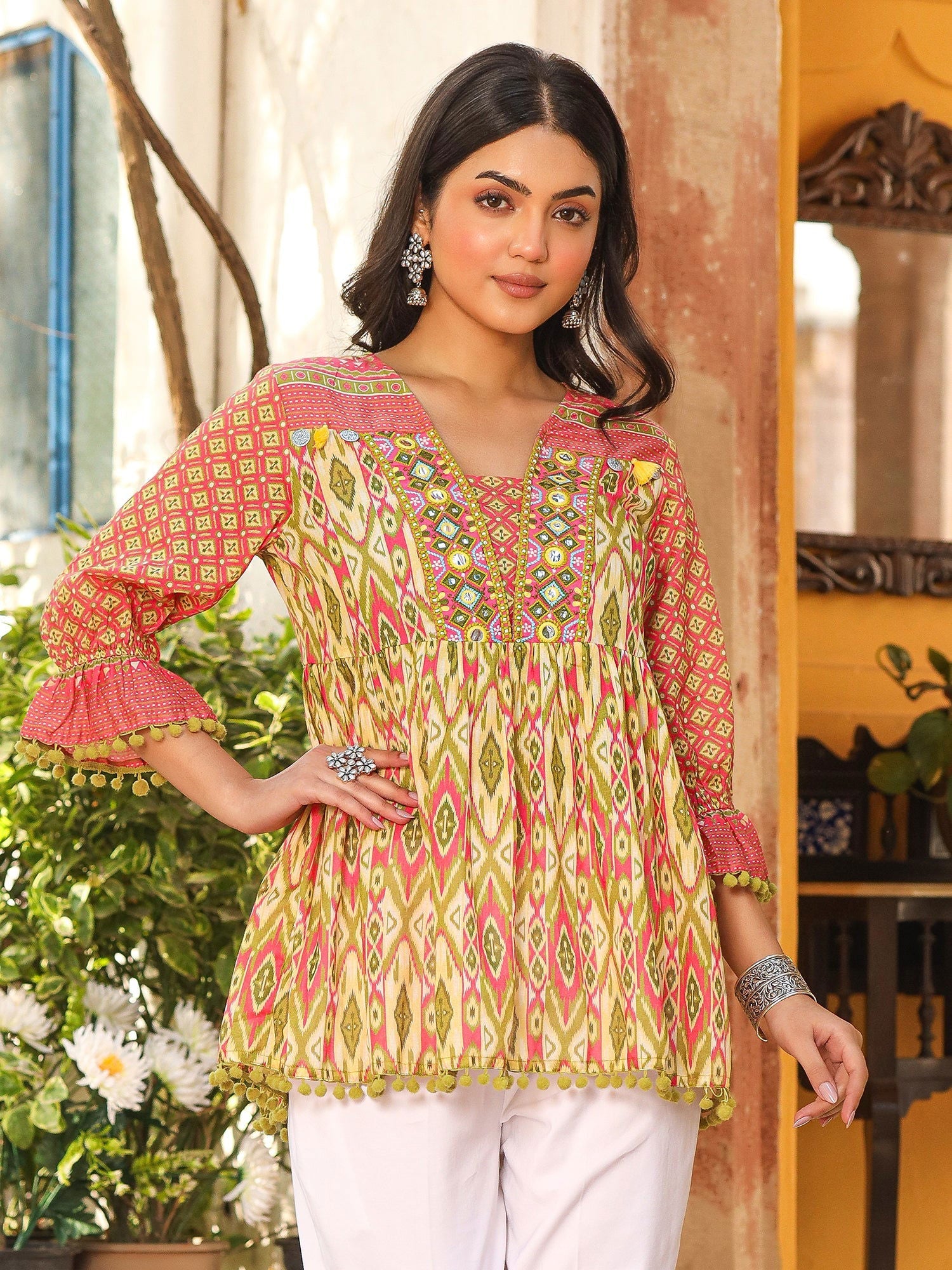 Juniper Women Ikat Printed & Embroidered Green Cotton Voile Peplum Tunic - Distacart