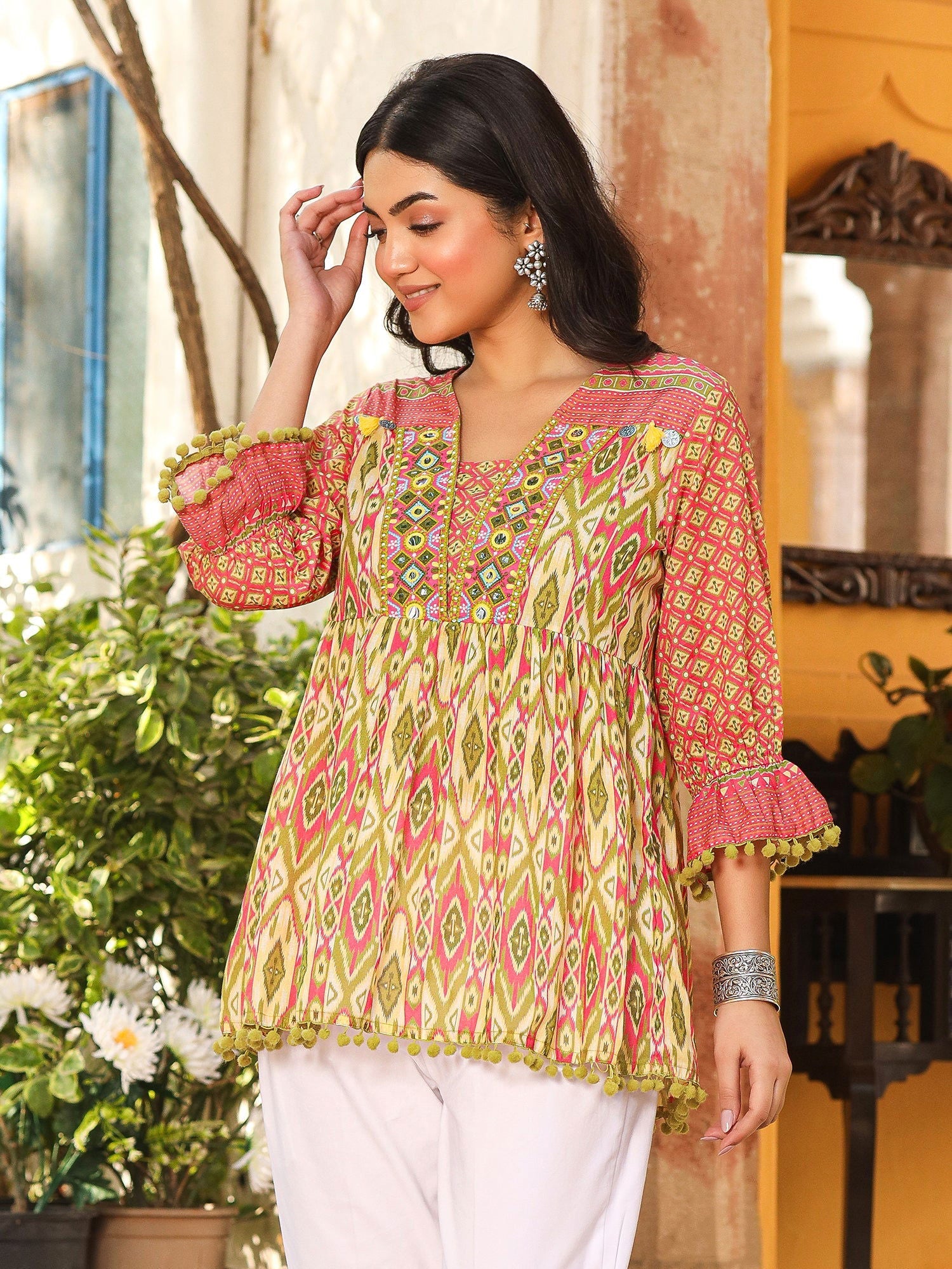 Juniper Women Ikat Printed & Embroidered Green Cotton Voile Peplum Tunic - Distacart