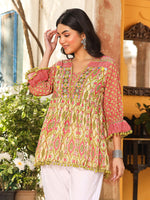 Thumbnail for Juniper Women Ikat Printed & Embroidered Green Cotton Voile Peplum Tunic - Distacart