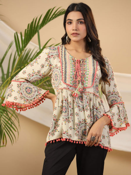 Juniper Women's Green Ethnic Motif Printed Rayon Crepe Tunic With Beads Work - Distacart