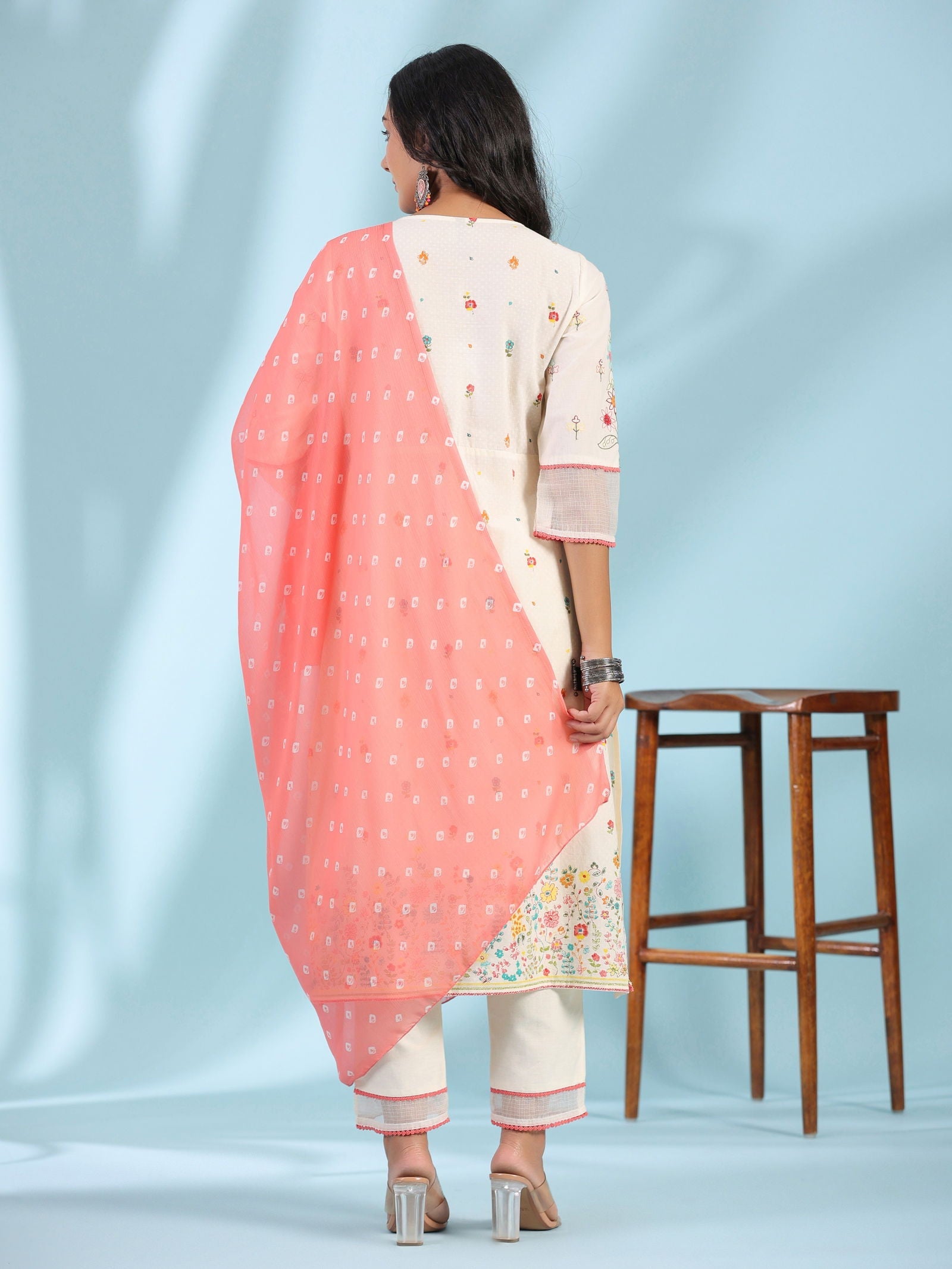 Juniper White Pure Cotton Floral Print Alia Cut Lacy Kurta With Pant & Dupatta Set With Tassel - Distacart