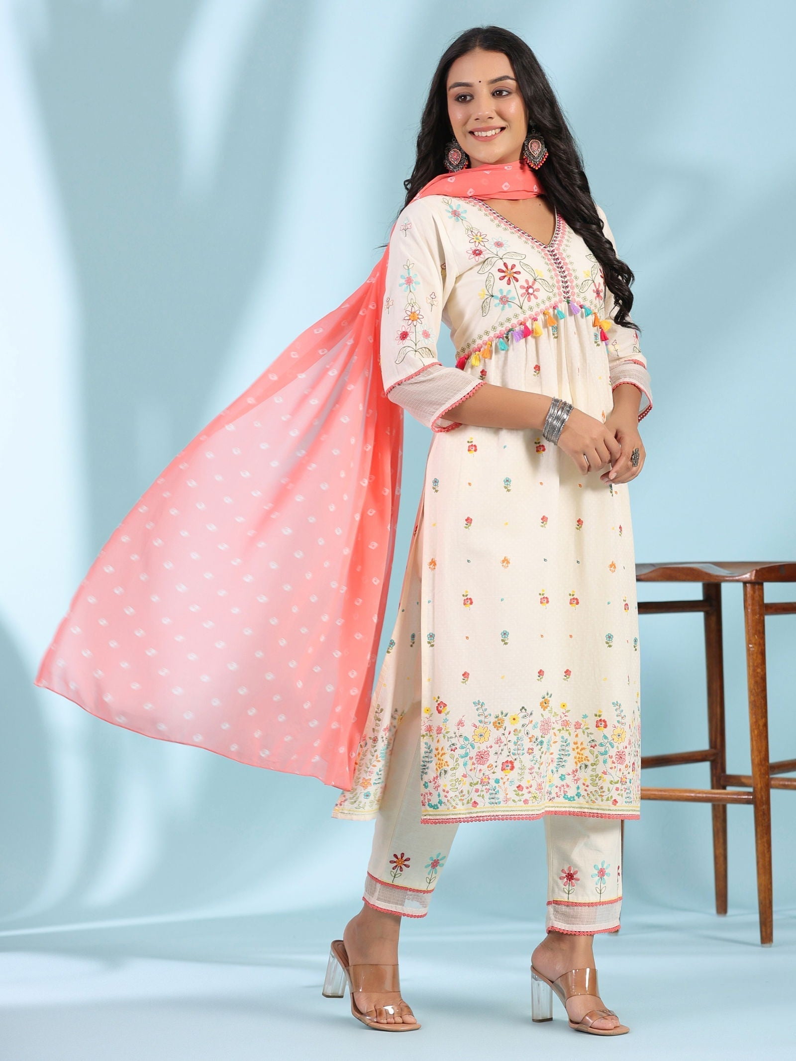 Juniper White Pure Cotton Floral Print Alia Cut Lacy Kurta With Pant & Dupatta Set With Tassel - Distacart