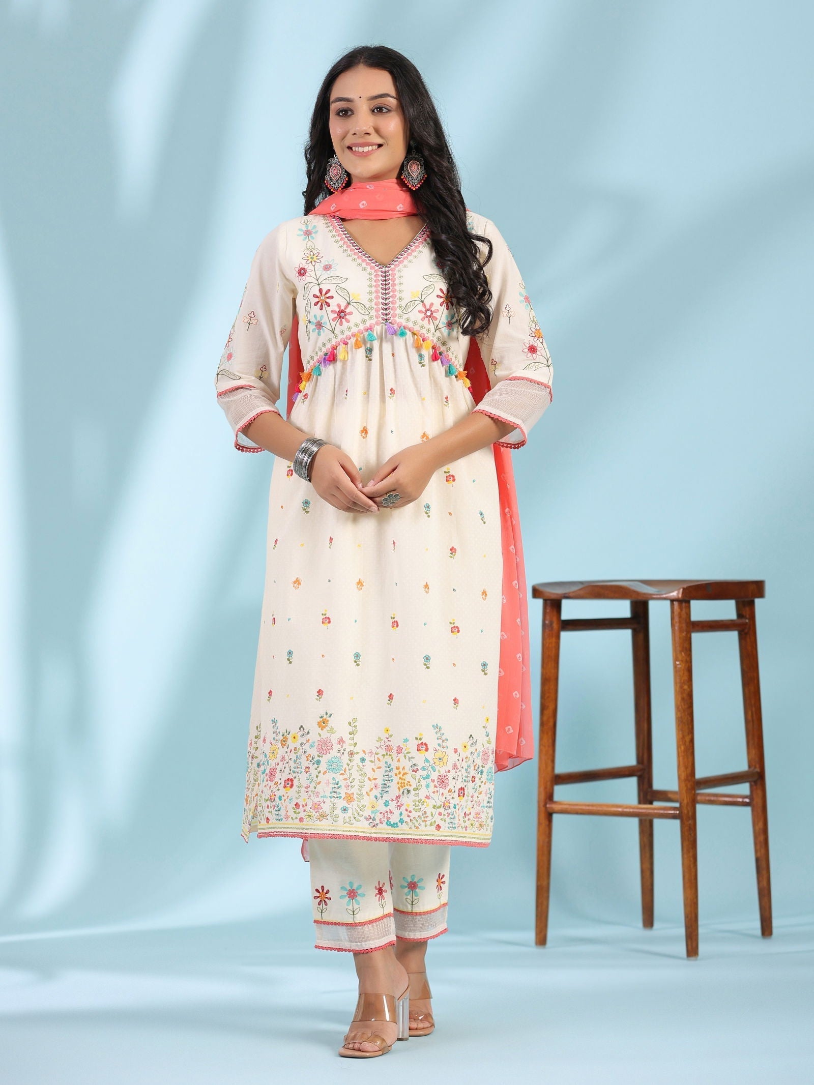 Juniper White Pure Cotton Floral Print Alia Cut Lacy Kurta With Pant & Dupatta Set With Tassel - Distacart