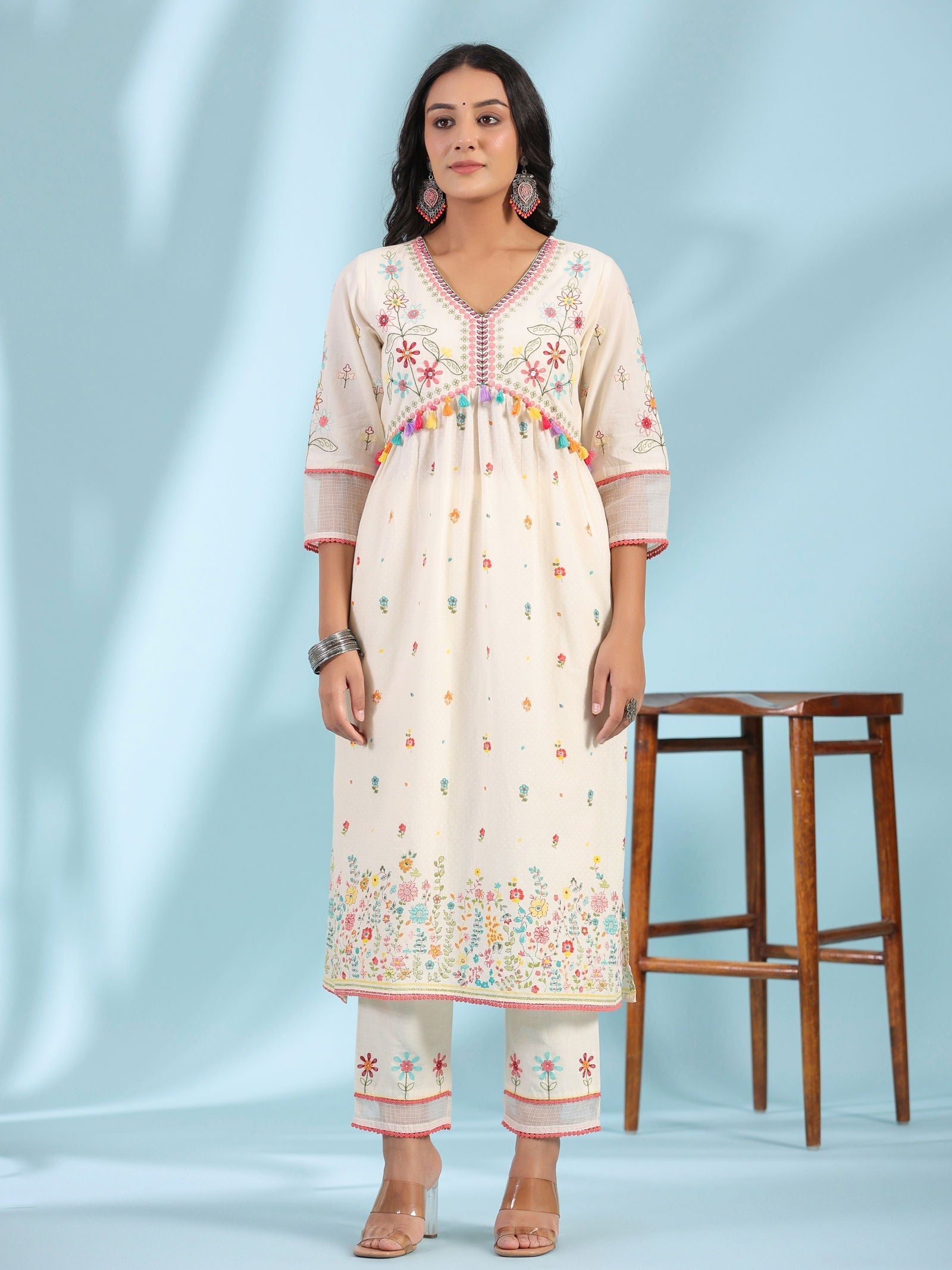 Juniper White Pure Cotton Floral Print Alia Cut Lacy Kurta With Pant & Dupatta Set With Tassel - Distacart