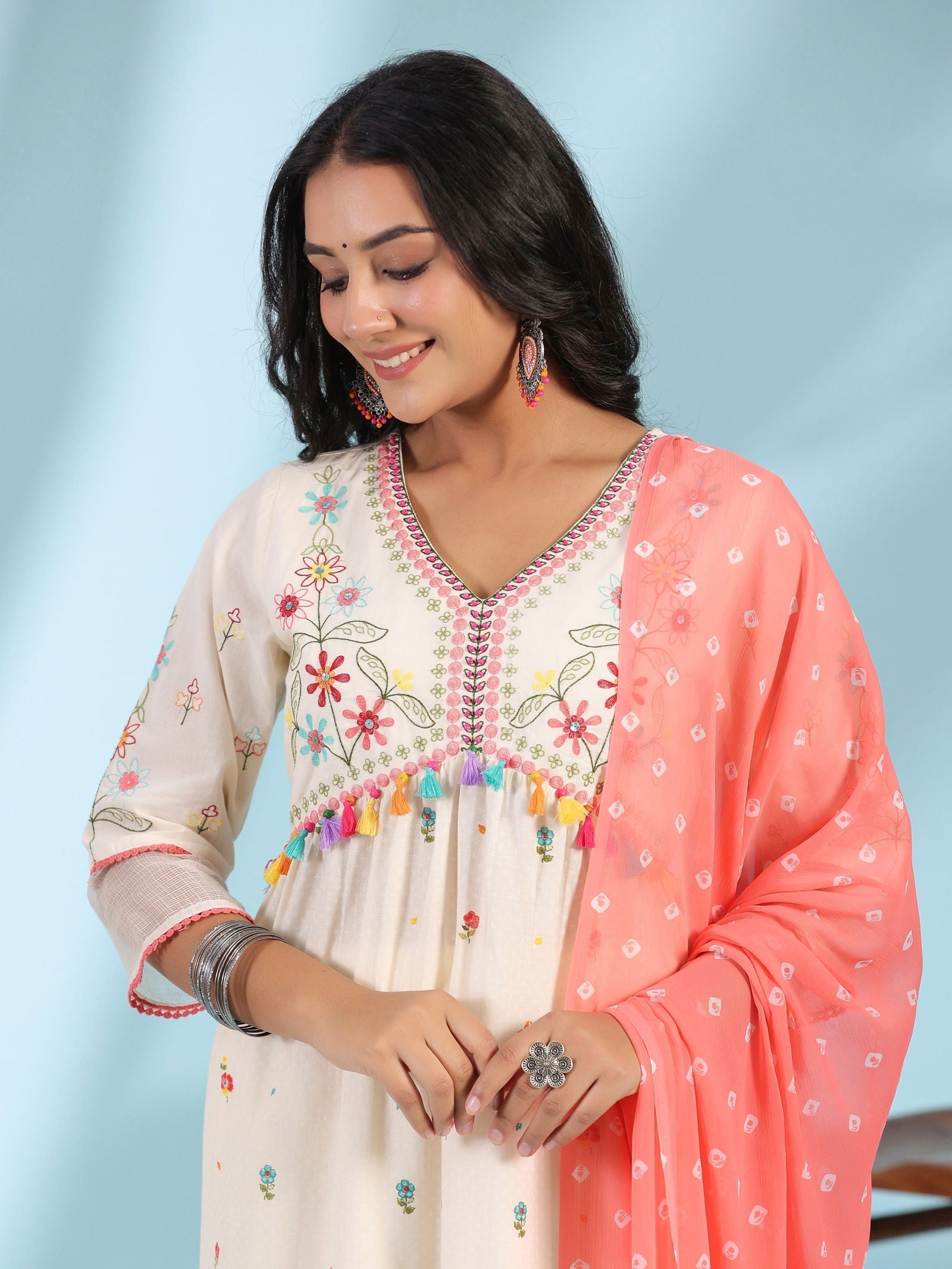 Juniper White Pure Cotton Floral Print Alia Cut Lacy Kurta With Pant & Dupatta Set With Tassel - Distacart