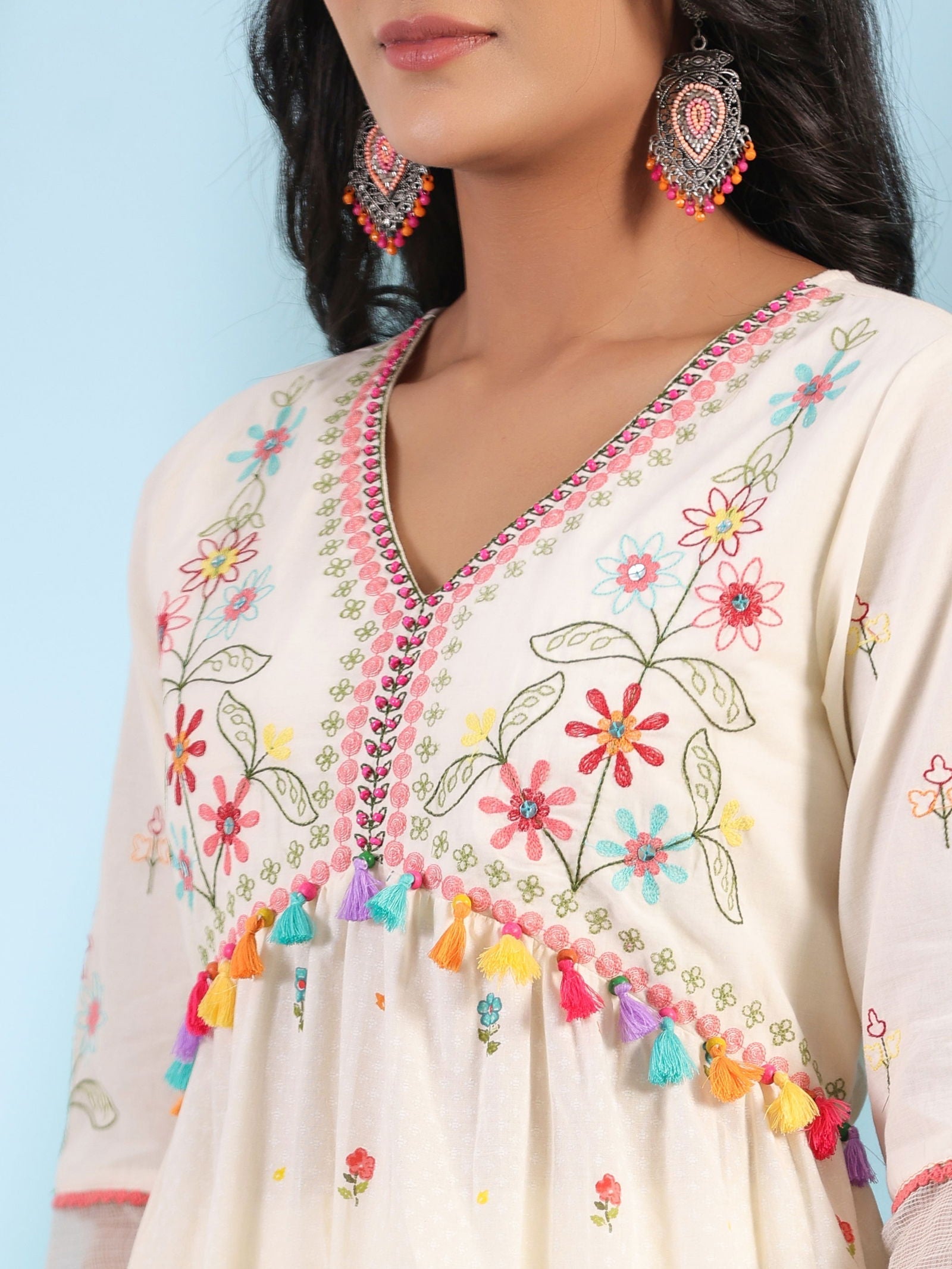 Juniper White Pure Cotton Floral Print Alia Cut Lacy Kurta With Pant & Dupatta Set With Tassel - Distacart