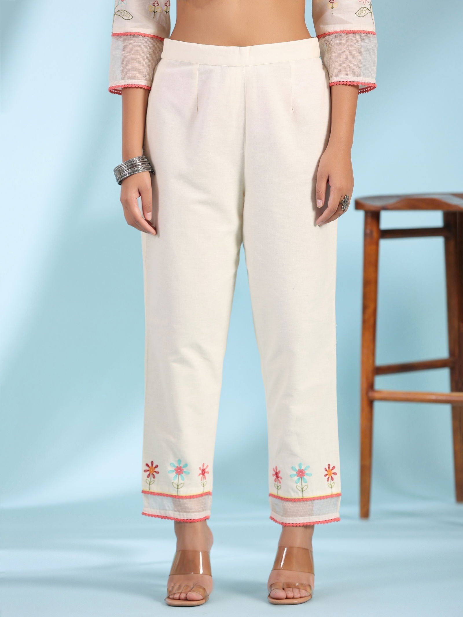 Juniper White Pure Cotton Floral Print Alia Cut Lacy Kurta With Pant & Dupatta Set With Tassel - Distacart
