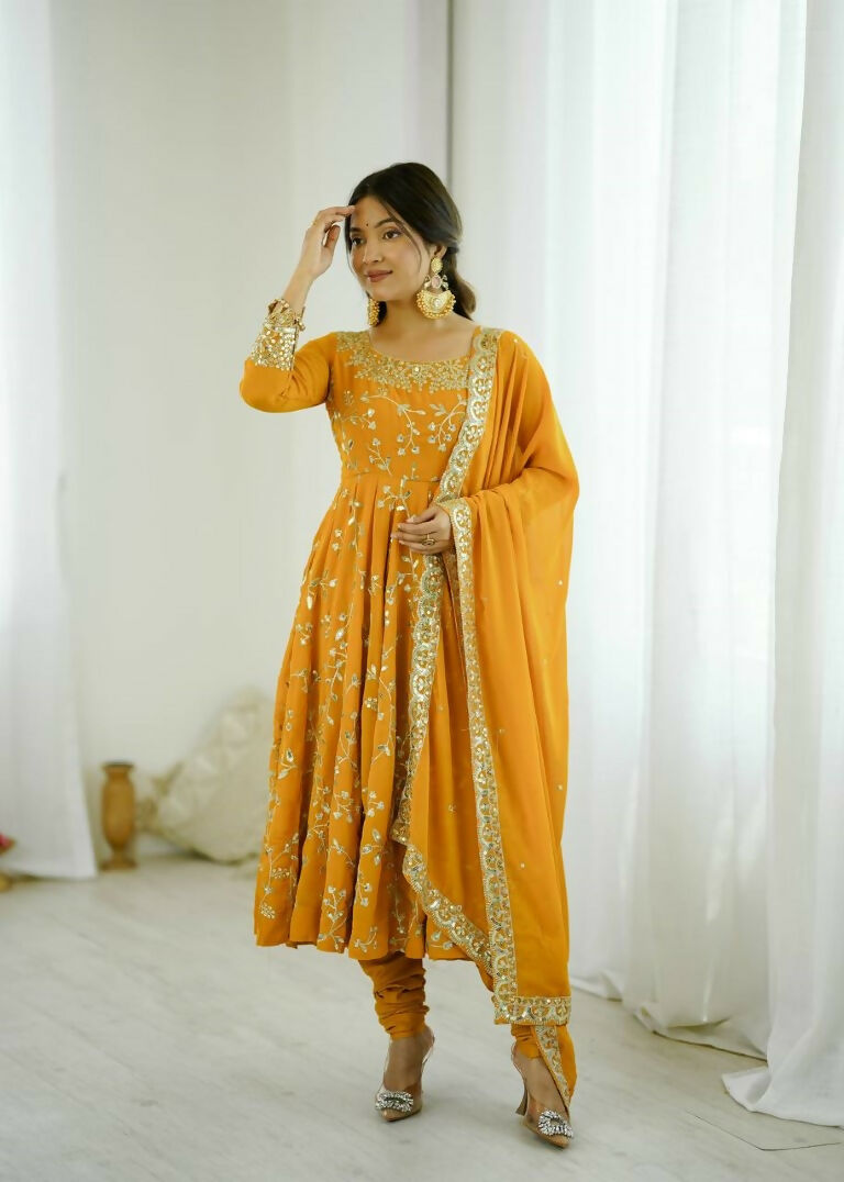 Teeya Creation Yellow Color Heavy Faux Georgette Embroidery Work Gown