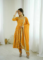 Thumbnail for Teeya Creation Yellow Color Heavy Faux Georgette Embroidery Work Gown