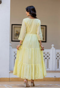 Thumbnail for Kaajh Women's Yellow Embroidered Ethnic Dress - Distacart