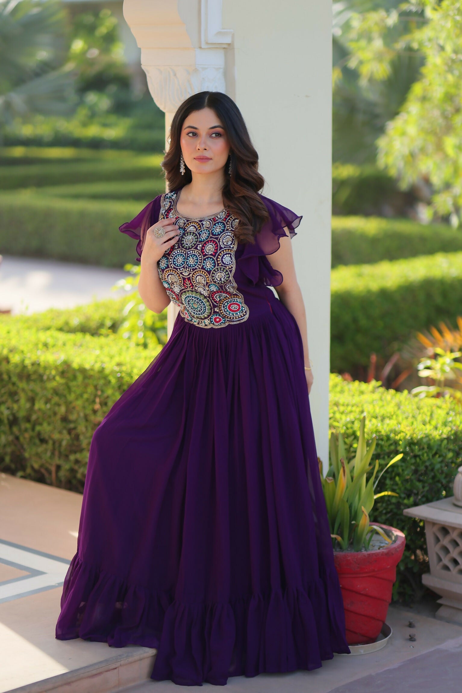 Joban Fashion Purple Georgette Sequence Embroidery Work Gown