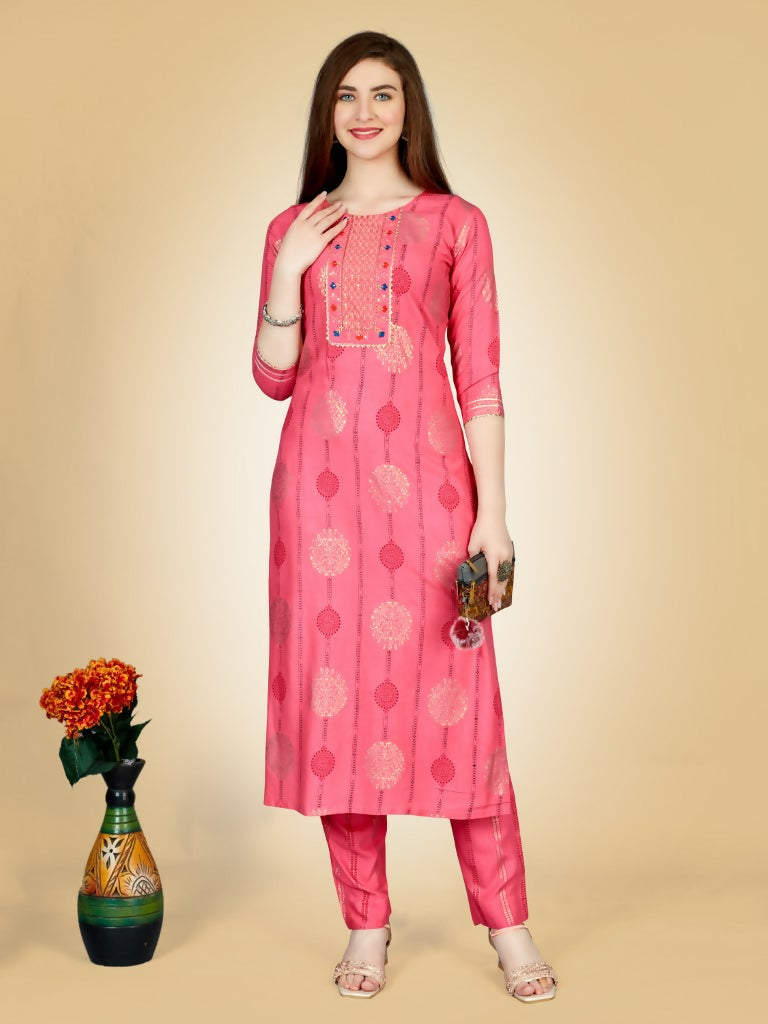 Jyoti Fashion Women's Pink Viscose Rayon Embroidered Kurta Pant Set - Distacart