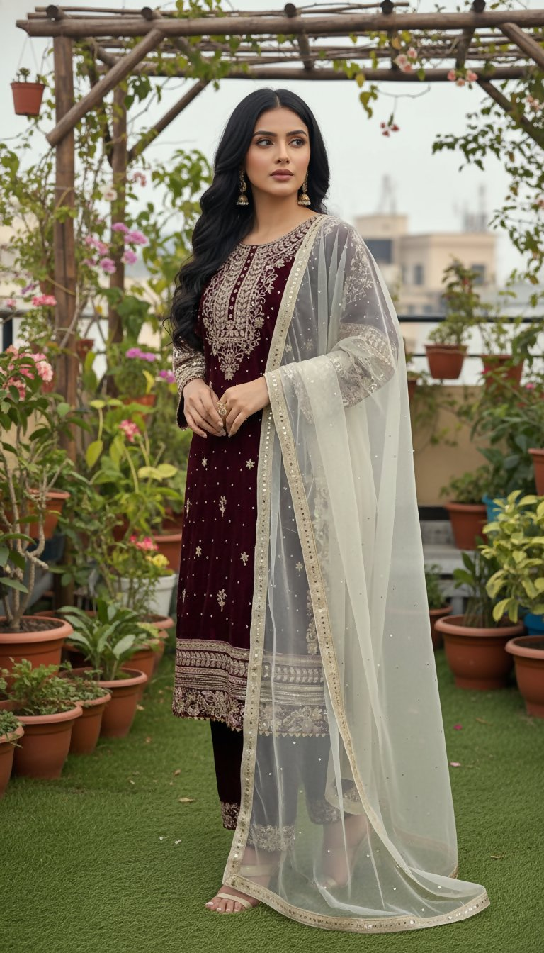 Teeya Creation Maroon Color Velvet Designer Embroidery Work party Wear Suit