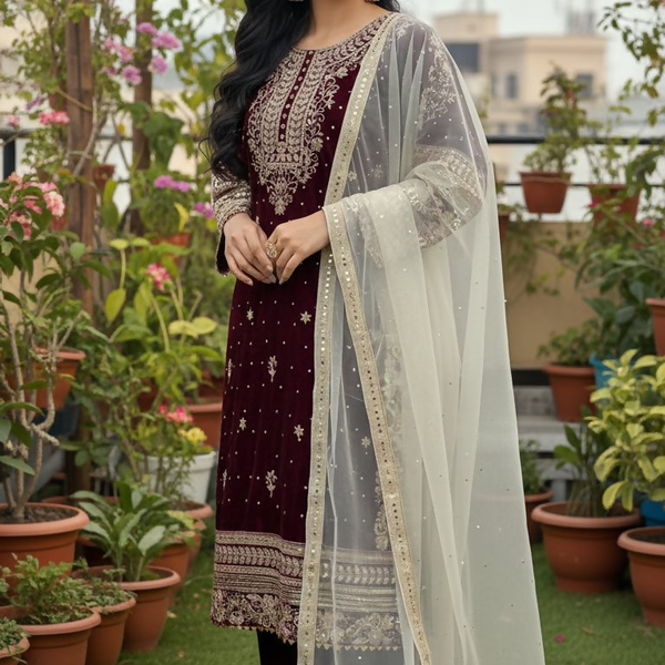 Teeya Creation Maroon Color Velvet Designer Embroidery Work party Wear Suit - Distacart