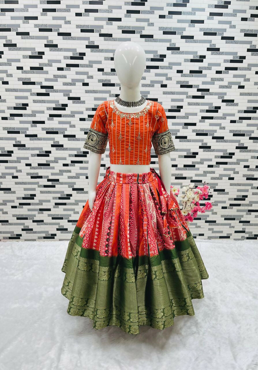 Jyoti Fashion Gorgeous Orange Pure Kota Silk Print with Zari Woven Kids Lehenga Choli Set - Distacart