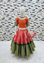 Thumbnail for Jyoti Fashion Gorgeous Orange Pure Kota Silk Print with Zari Woven Kids Lehenga Choli Set - Distacart