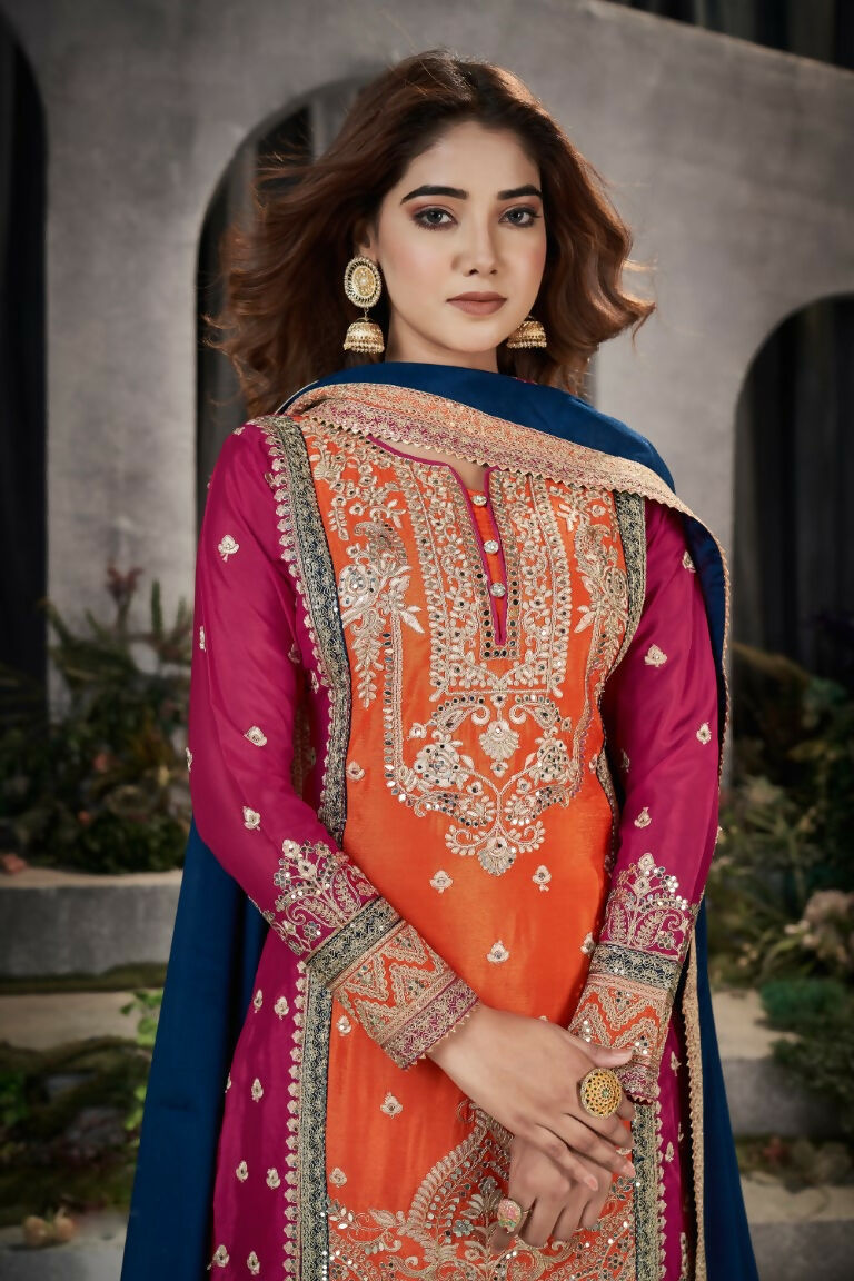 Partywear Designer Keshri Chinon Fabric suit - Shagun - Distacart