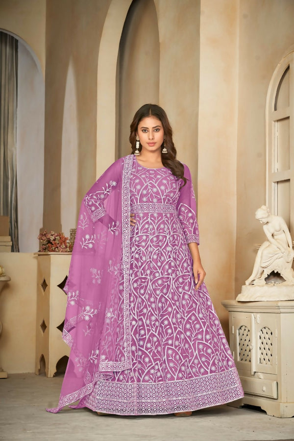 Jyoti Fashion Women's Purple Net Embroidered Anarkali Kurta Pant Set With Dupatta - Distacart