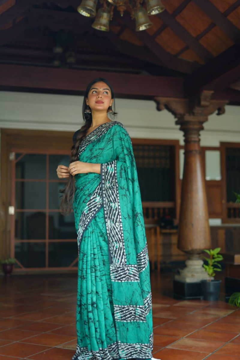 Arfa Fashion House Rama Pure Chanderi Cotton Batik Printed Saree - Distacart