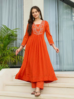 Thumbnail for The52 Orange Women's Gorgeous Embroidered Chinon Fabric Flared Kurta Pant and Dupatta Set - Distacart