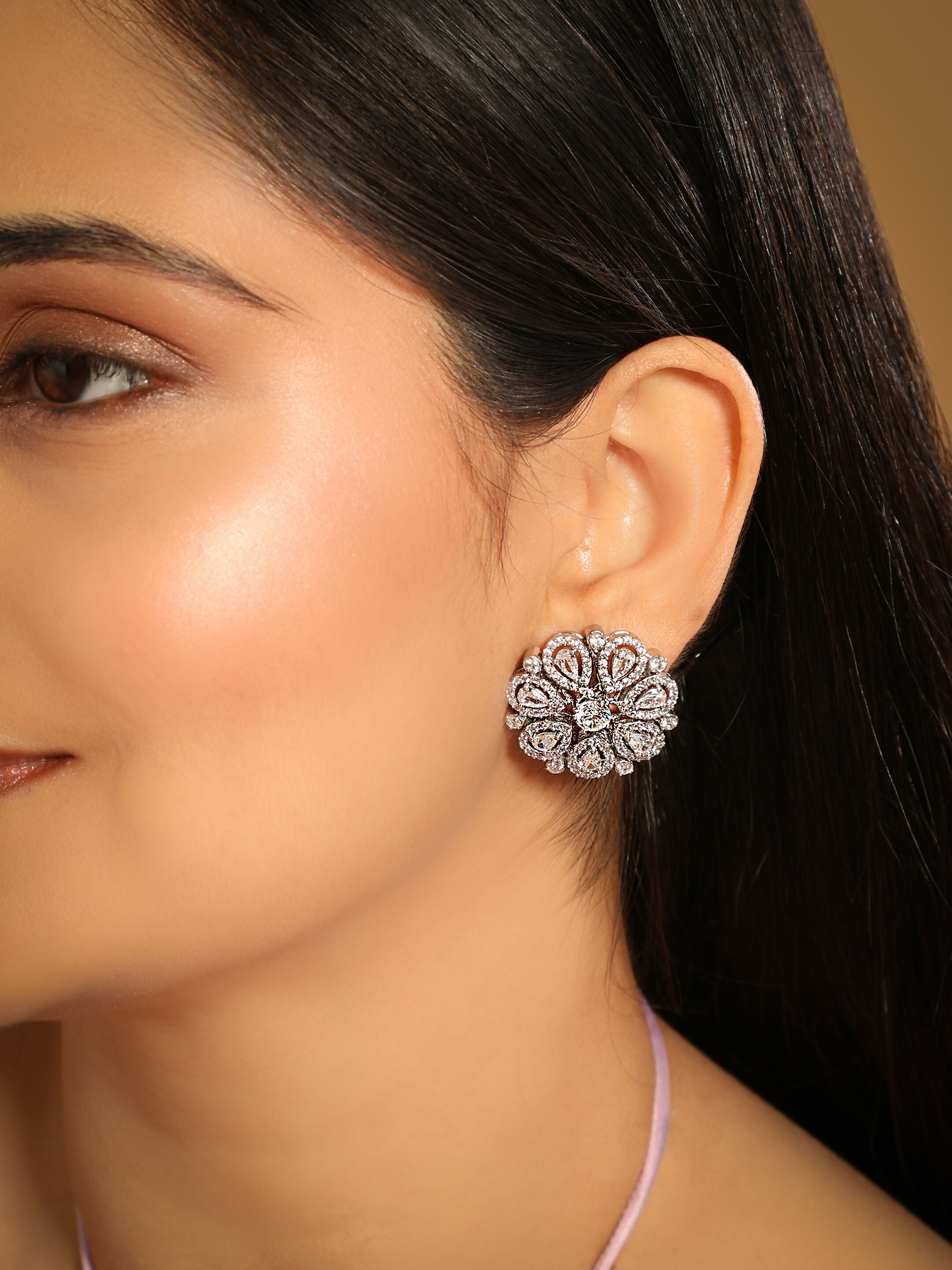 Nuyug Rhodium-Plated Zircon Studded Floral Statement Stud Earrings
