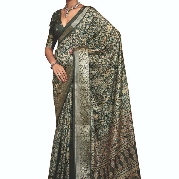 Joban Fashion Green Art Silk With Fine Viscose Border Ajrak Full Body Print With Soft Finish Saree