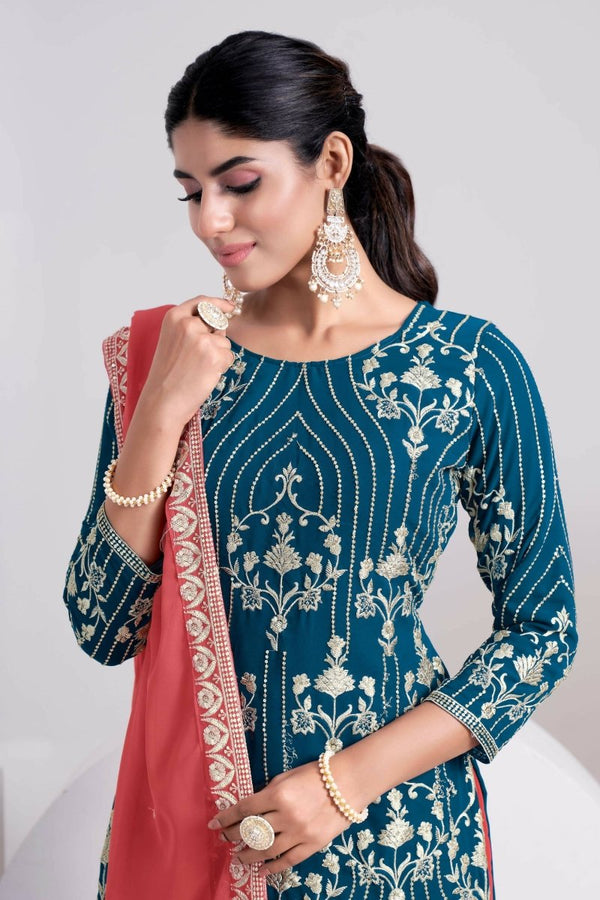 Aastha Fashion Women's Teal Blue Faux Georgette Thread & Sequins Embroidery Party Wear Sharara Sets - Distacart