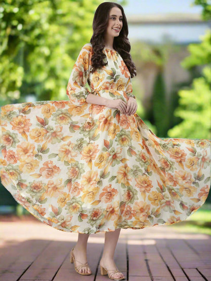 Souchii Cream Floral Chiffon Dress - Dista