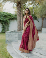 Thumbnail for Preksha Creation Banarasi Women Red Saree With Zari Work - Distacart