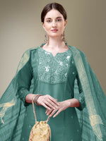 Thumbnail for Jyoti Fashion Women's Teal Cotton Blend Embroidery & Fancy Lace work Kurta with Trouser & Dupatta - Distacart