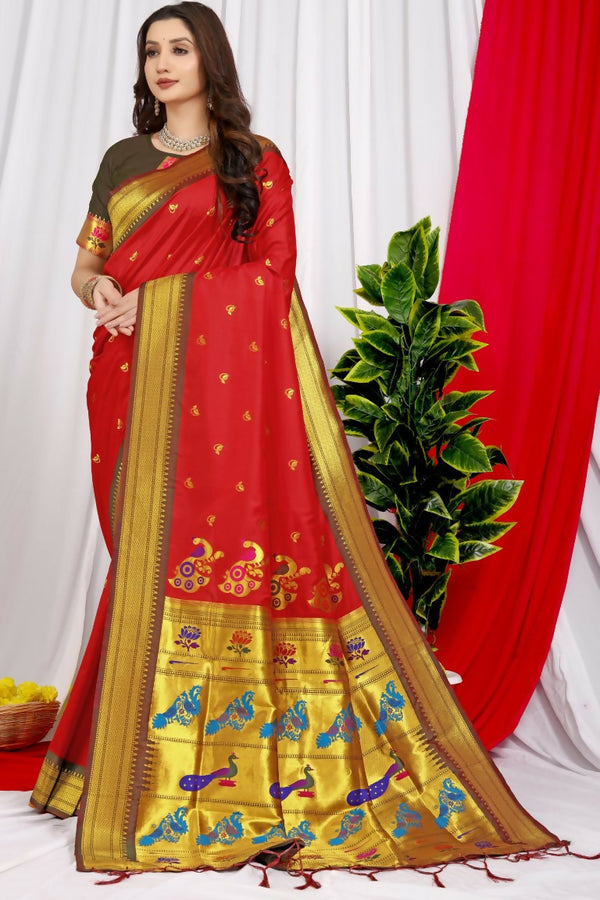Jyoti Fashion Women's Maroon Paithani Silk Zari Woven Saree with Blouse - Distacart