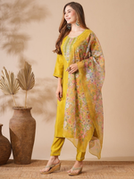 Thumbnail for The52 Women's Beautiful Viscose Chanderi Fabric Embroidery Work Straight Kurta Pant and Dupatta Set - Distacart