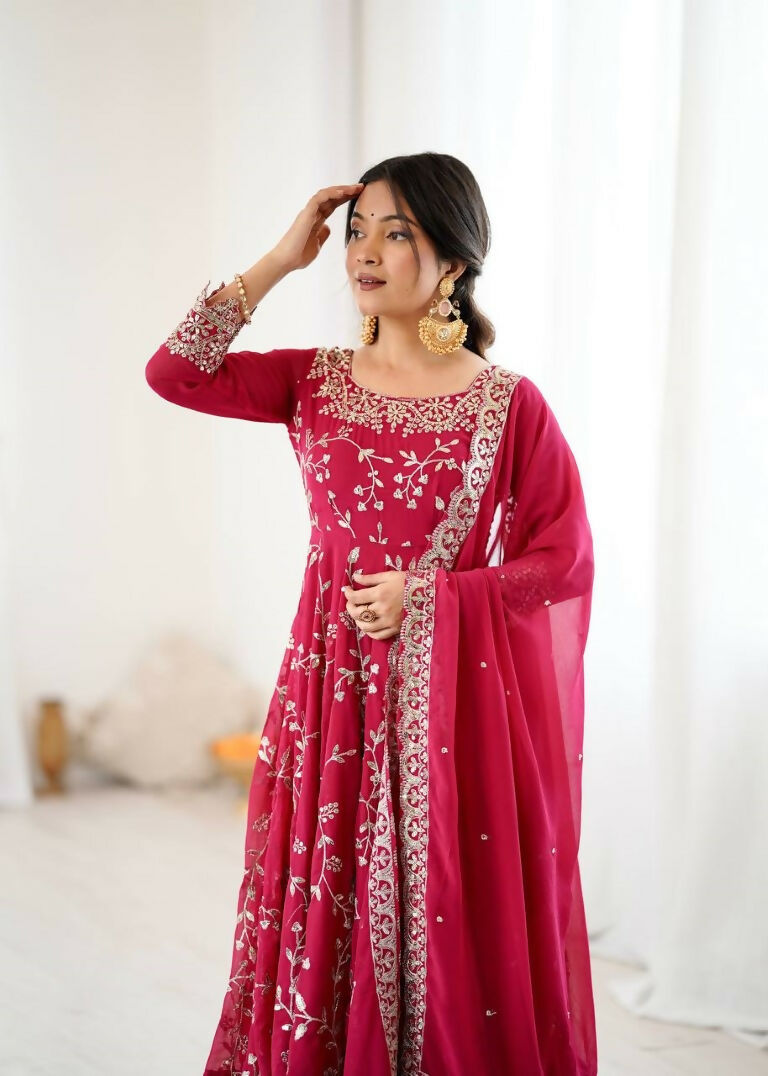 Teeya Creation Red Color Heavy Faux Georgette Embroidery Work Gown