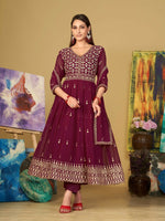 Thumbnail for Jyoti Fashion Women's Rani Pink Georgette Embroidered Anarkali Kurta Pant Set With Dupatta - Distacart