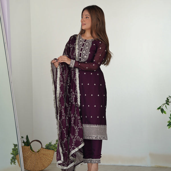 Teeya Creation Wine Color Pure Rangoli Silk Heavy Embroidery Work Kurta Set - Distacart