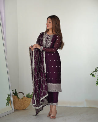 Teeya Creation Wine Color Pure Rangoli Silk Heavy Embroidery Work Kurta Set - Distacart