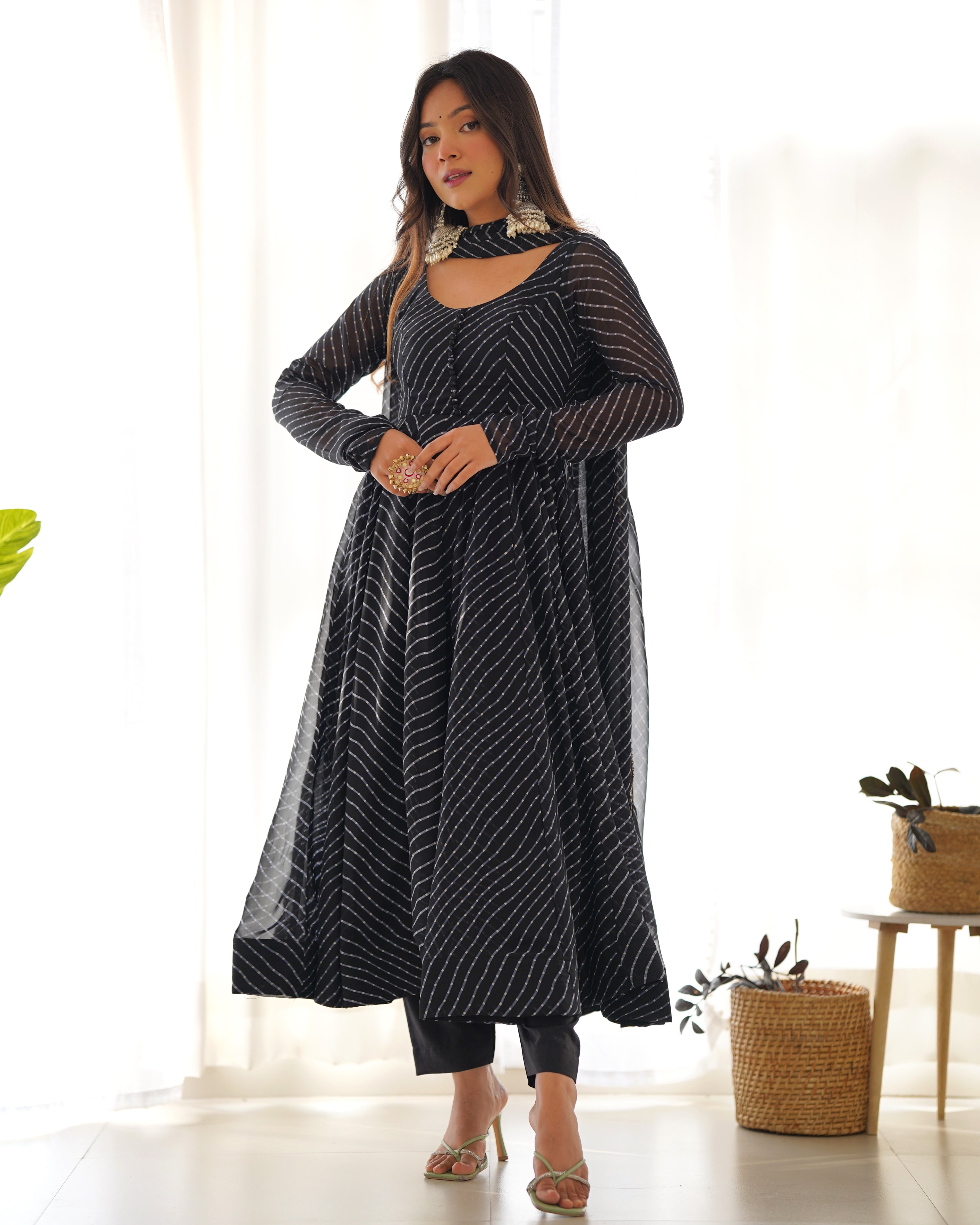 Teeya Creation Black Abstract Leheriya Print Faux Georgette Anarkali Gown With Pants And Dupatta - Distacart