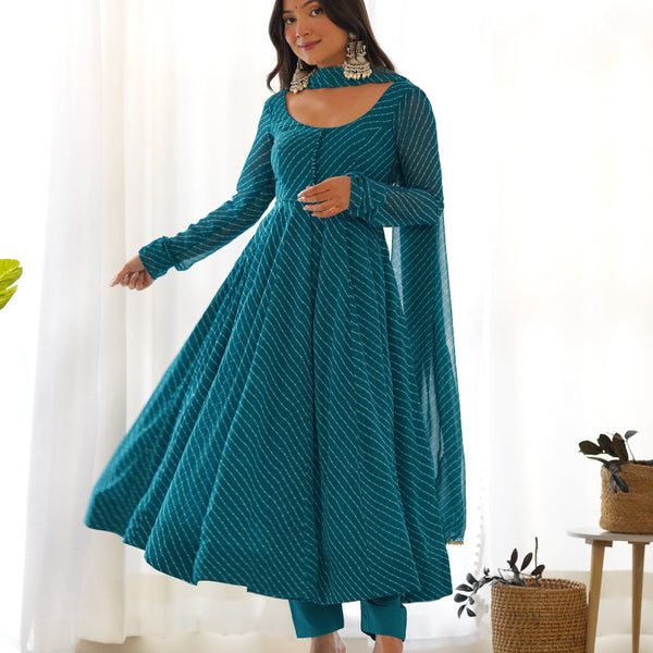 Teeya Creation Green Abstract Leheriya Print Faux Georgette Anarkali Gown With Pants And Dupatta - Distacart