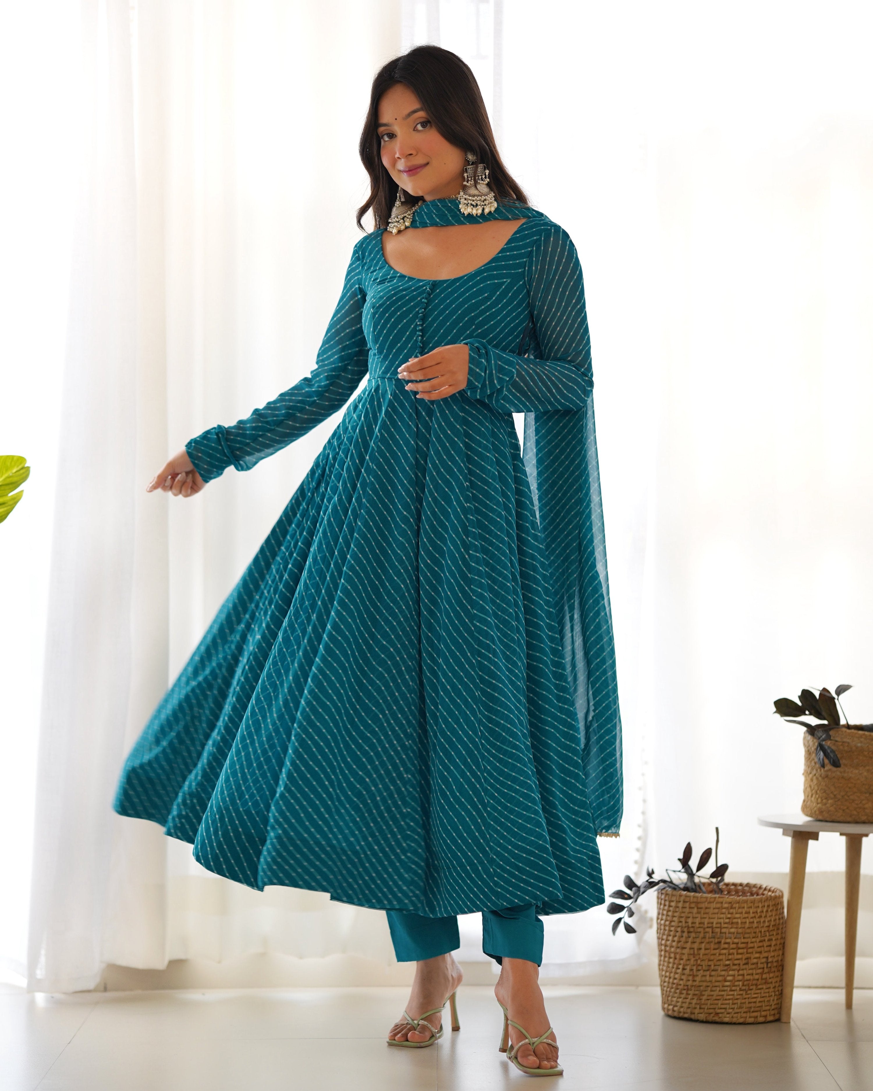 Teeya Creation Green Abstract Leheriya Print Faux Georgette Anarkali Gown With Pants And Dupatta - Distacart