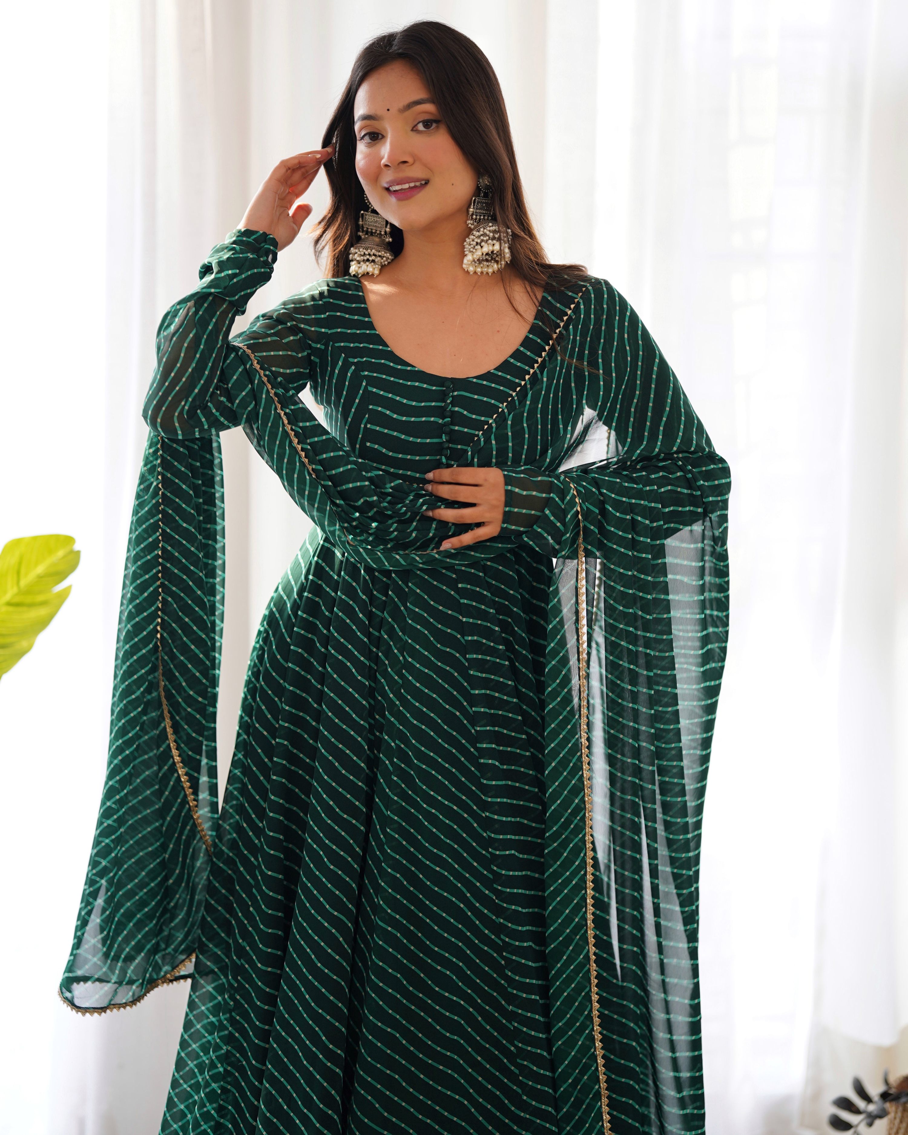 Teeya Creation Rama Abstract Leheriya Print Faux Georgette Anarkali Gown With Pants And Dupatta - Distacart