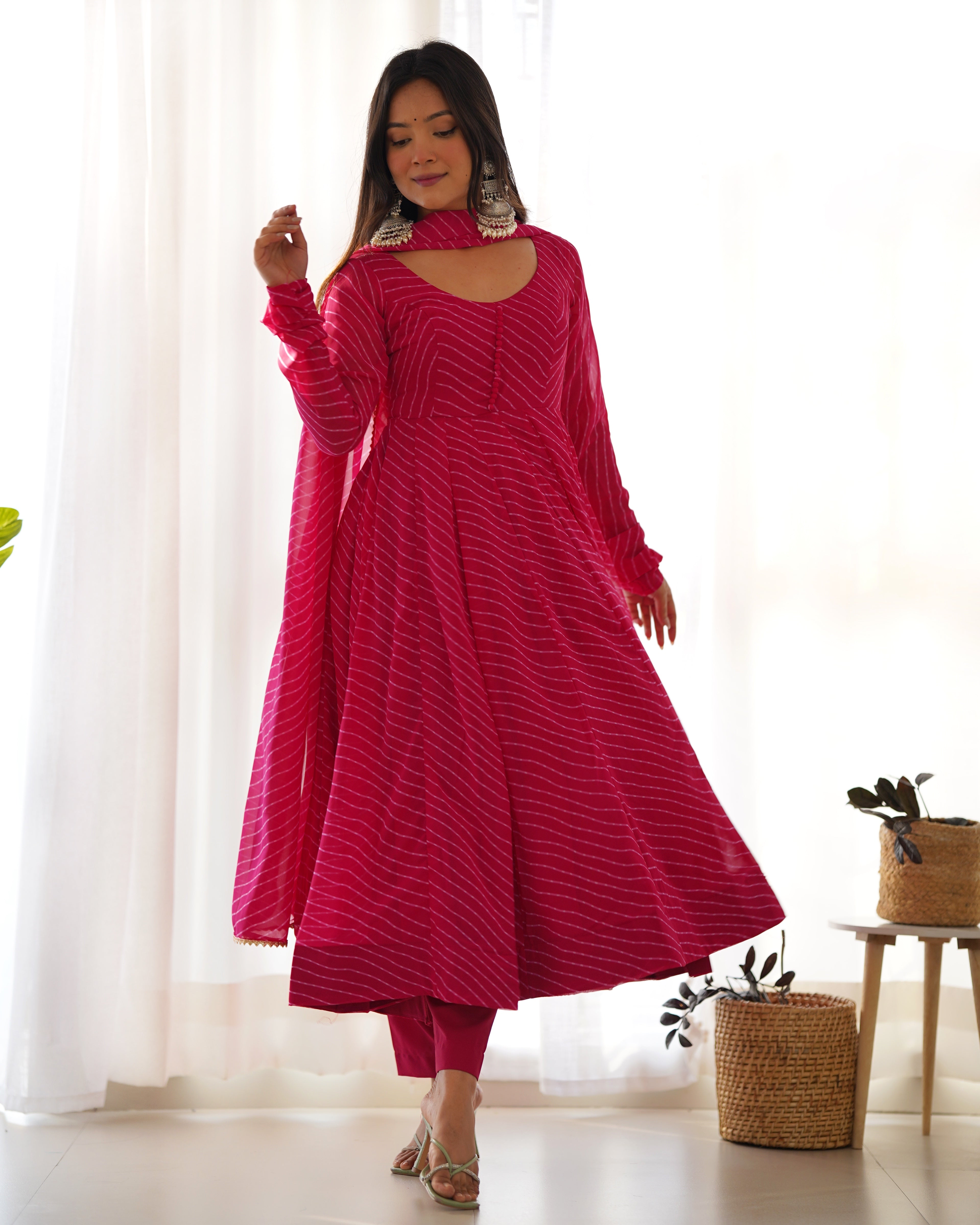 Teeya Creation Rani Abstract Leheriya Print Faux Georgette Anarkali Gown With Pants And Dupatta - Distacart