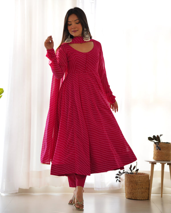 Teeya Creation Rani Abstract Leheriya Print Faux Georgette Anarkali Gown With Pants And Dupatta - Distacart