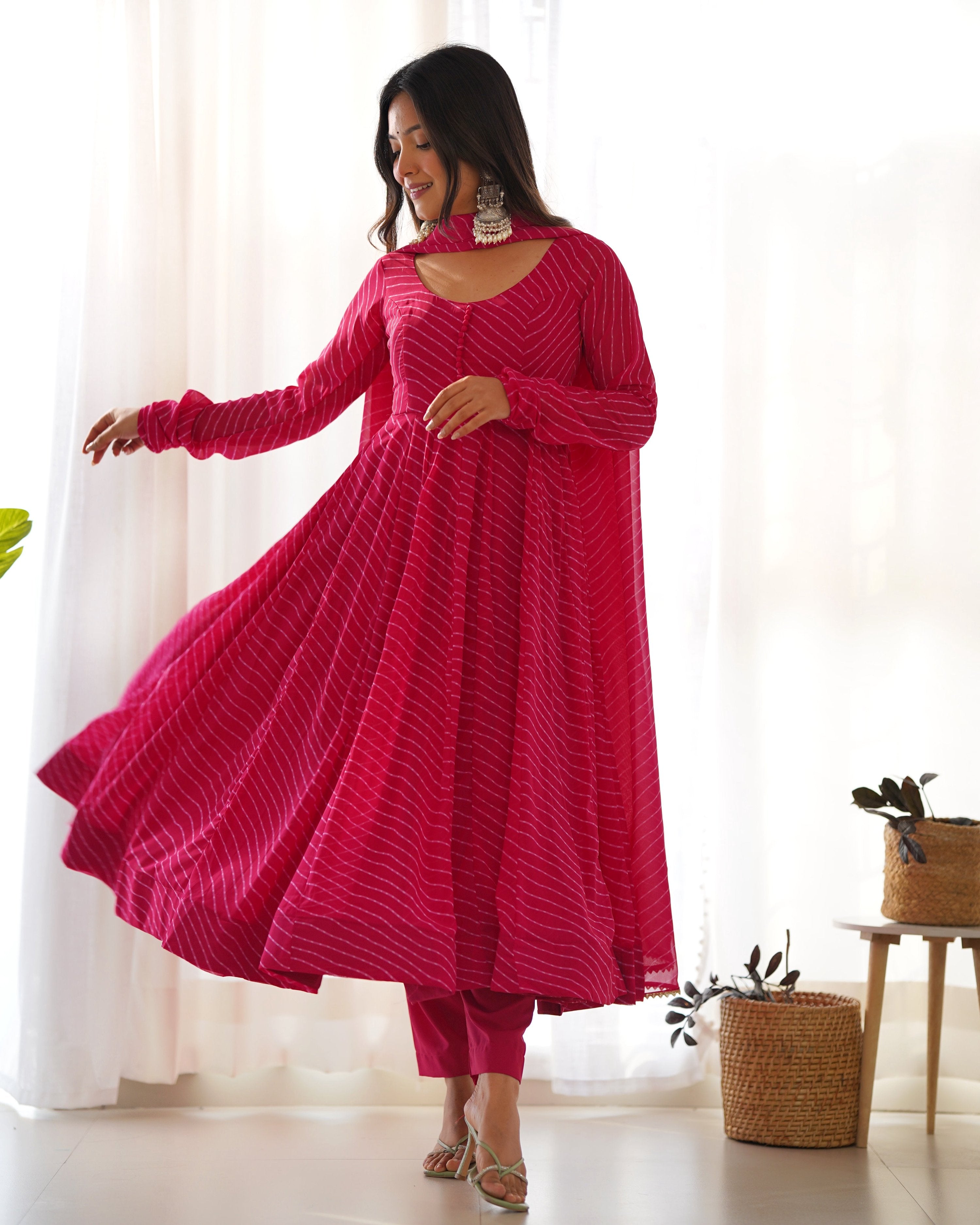 Teeya Creation Rani Abstract Leheriya Print Faux Georgette Anarkali Gown With Pants And Dupatta - Distacart