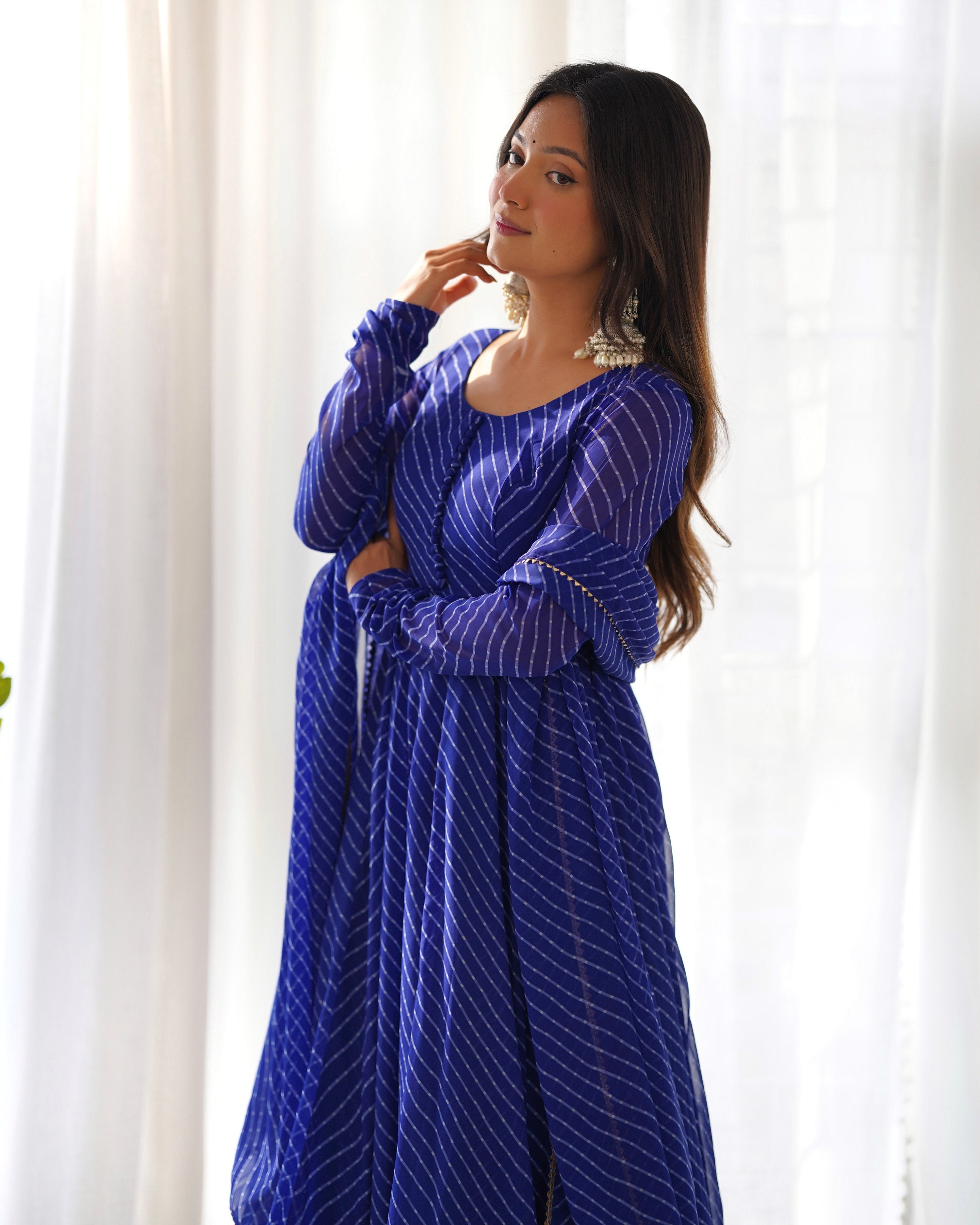 Teeya Creation Royal blue Abstract Leheriya Print Faux Georgette Anarkali Gown With Pants And Dupatta - Distacart