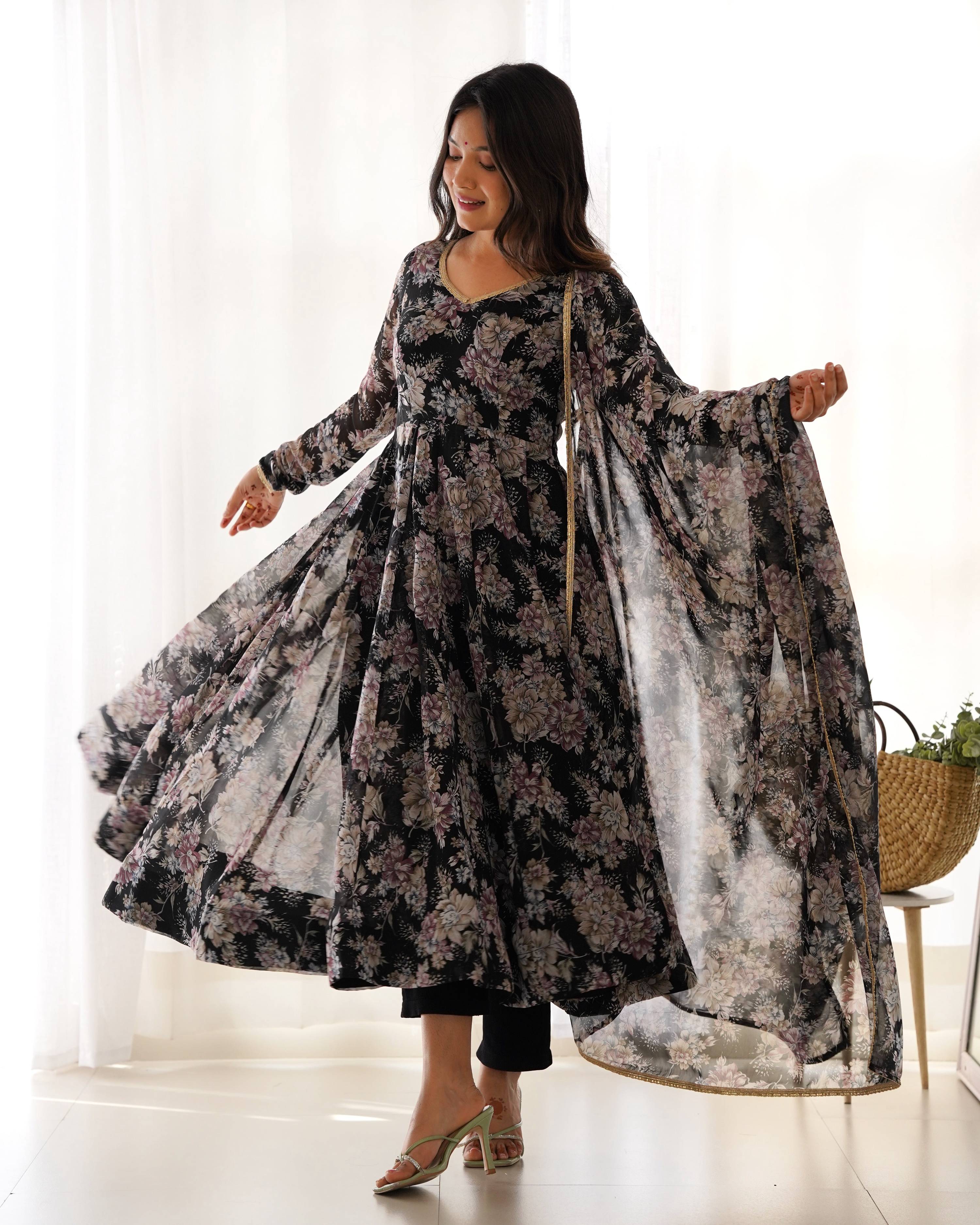 Teeya Creation Black Color Digital Print Faux Georgette Anarkali With Pants And Dupatta - Distacart
