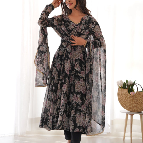 Teeya Creation Black Color Digital Print Faux Georgette Anarkali With Pants And Dupatta - Distacart