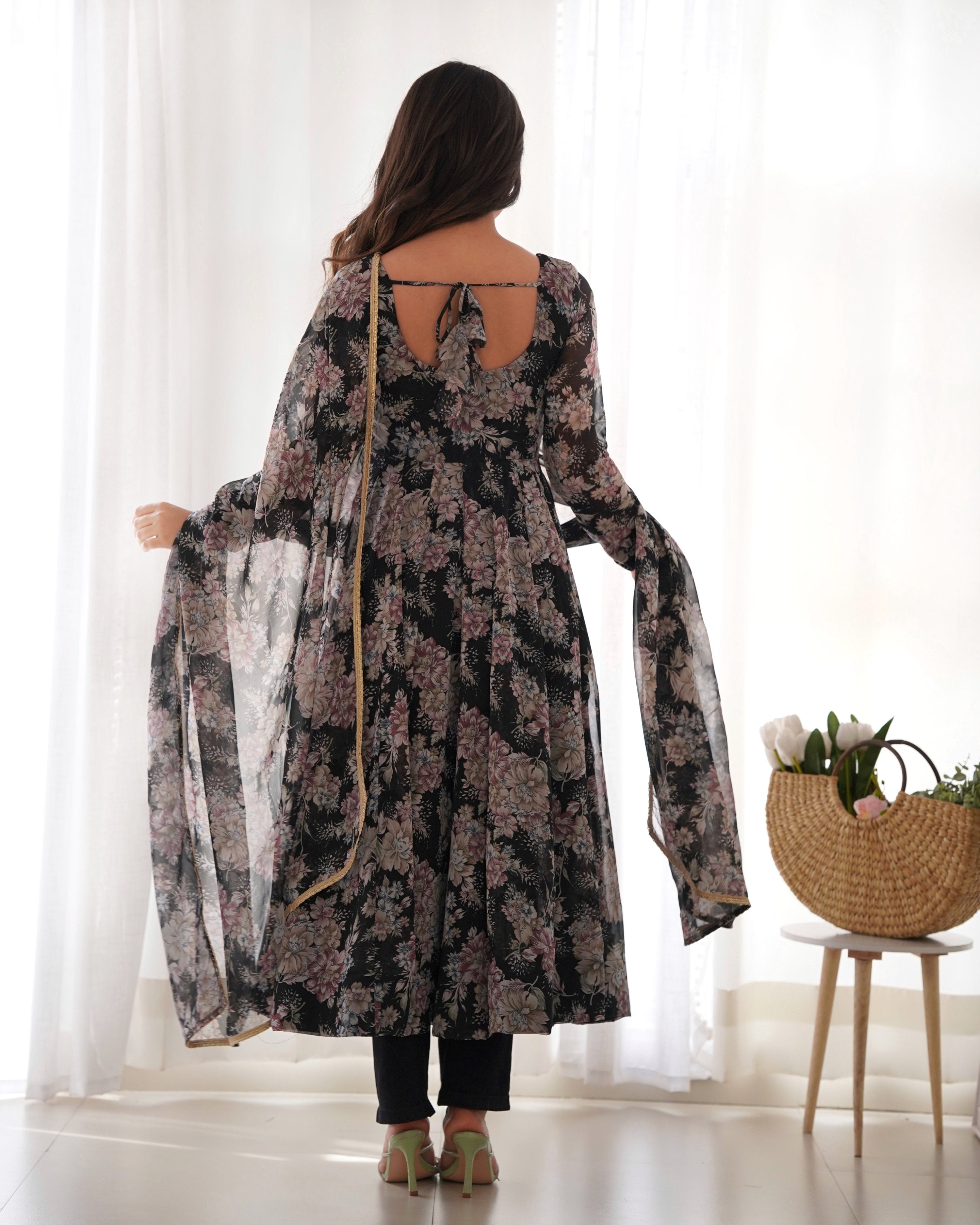 Teeya Creation Black Color Digital Print Faux Georgette Anarkali With Pants And Dupatta - Distacart