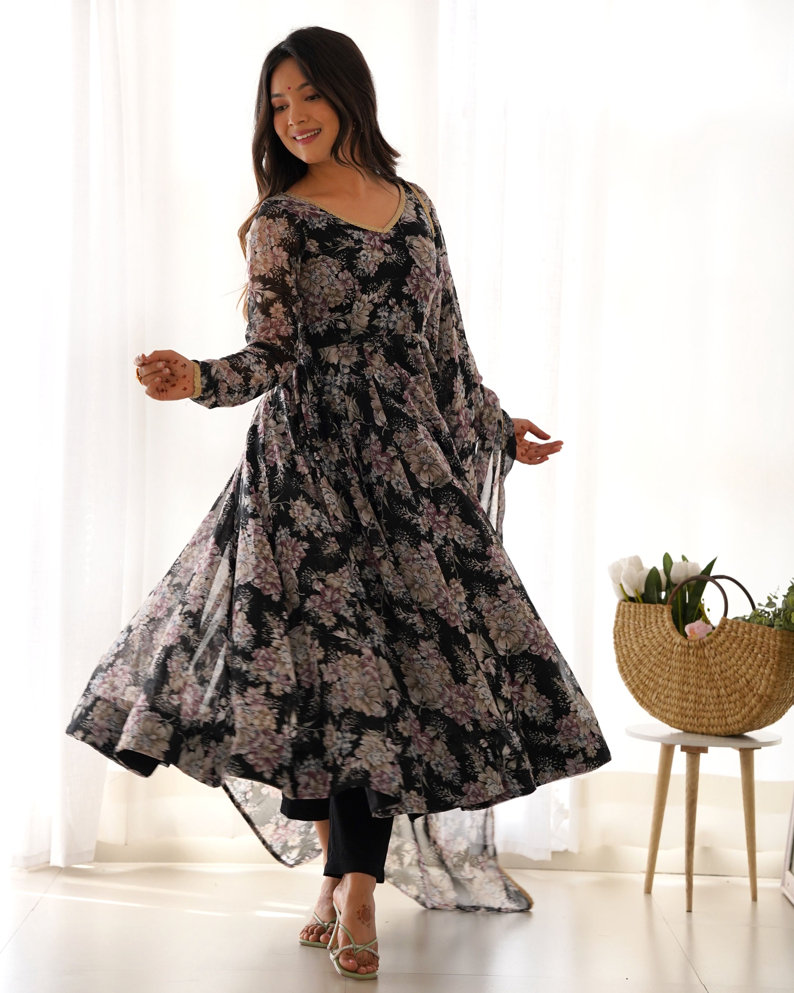 Teeya Creation Black Color Digital Print Faux Georgette Anarkali With Pants And Dupatta - Distacart